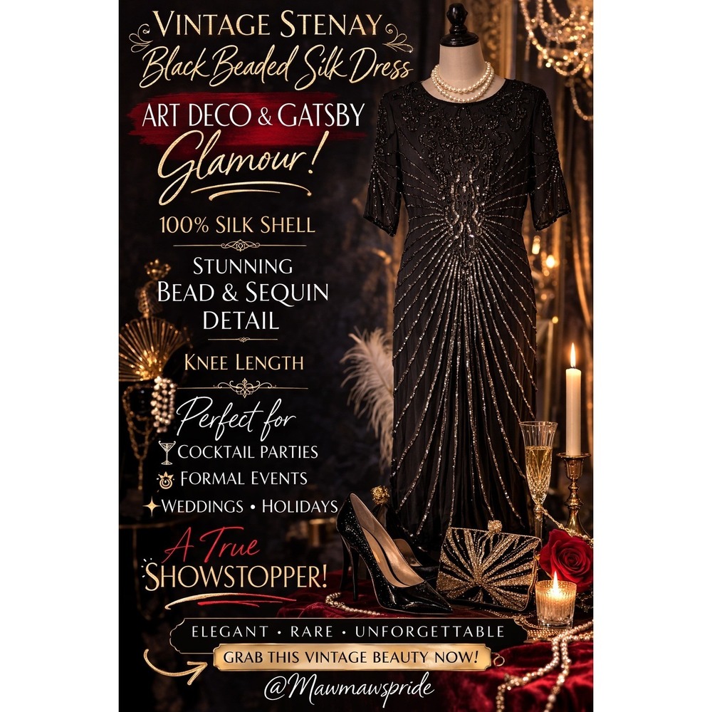 Vintage Stenay Black Beaded Silk Dress Art Deco Gatsby Cocktail Dress Size 12
